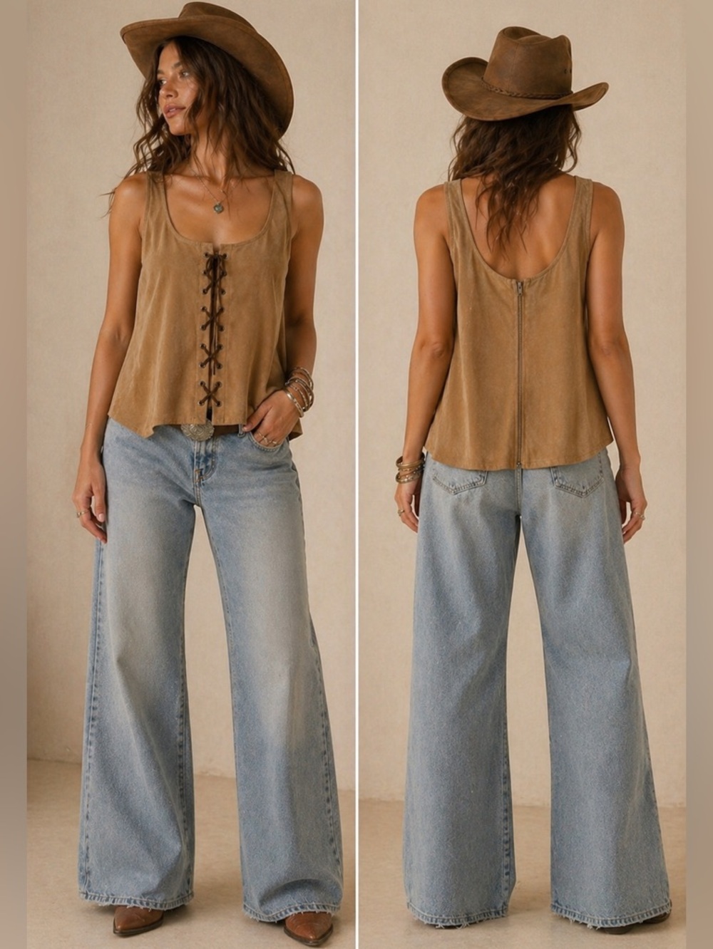 Dynamite Faux Suede Lace-Up Tank | Western Boho | Size M